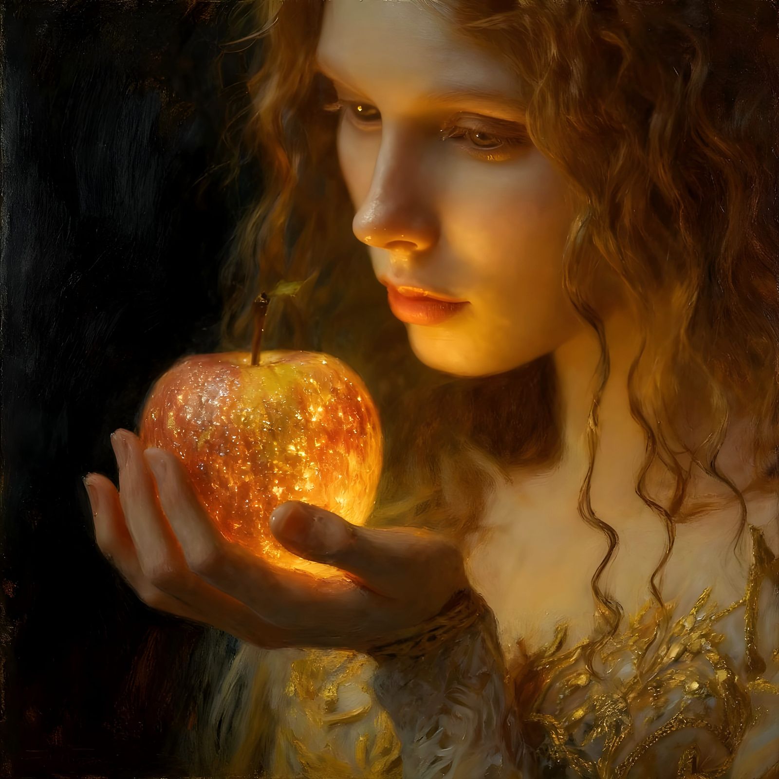 Beautiful Woman Holds Glowing Magical Apple, Oil Painting