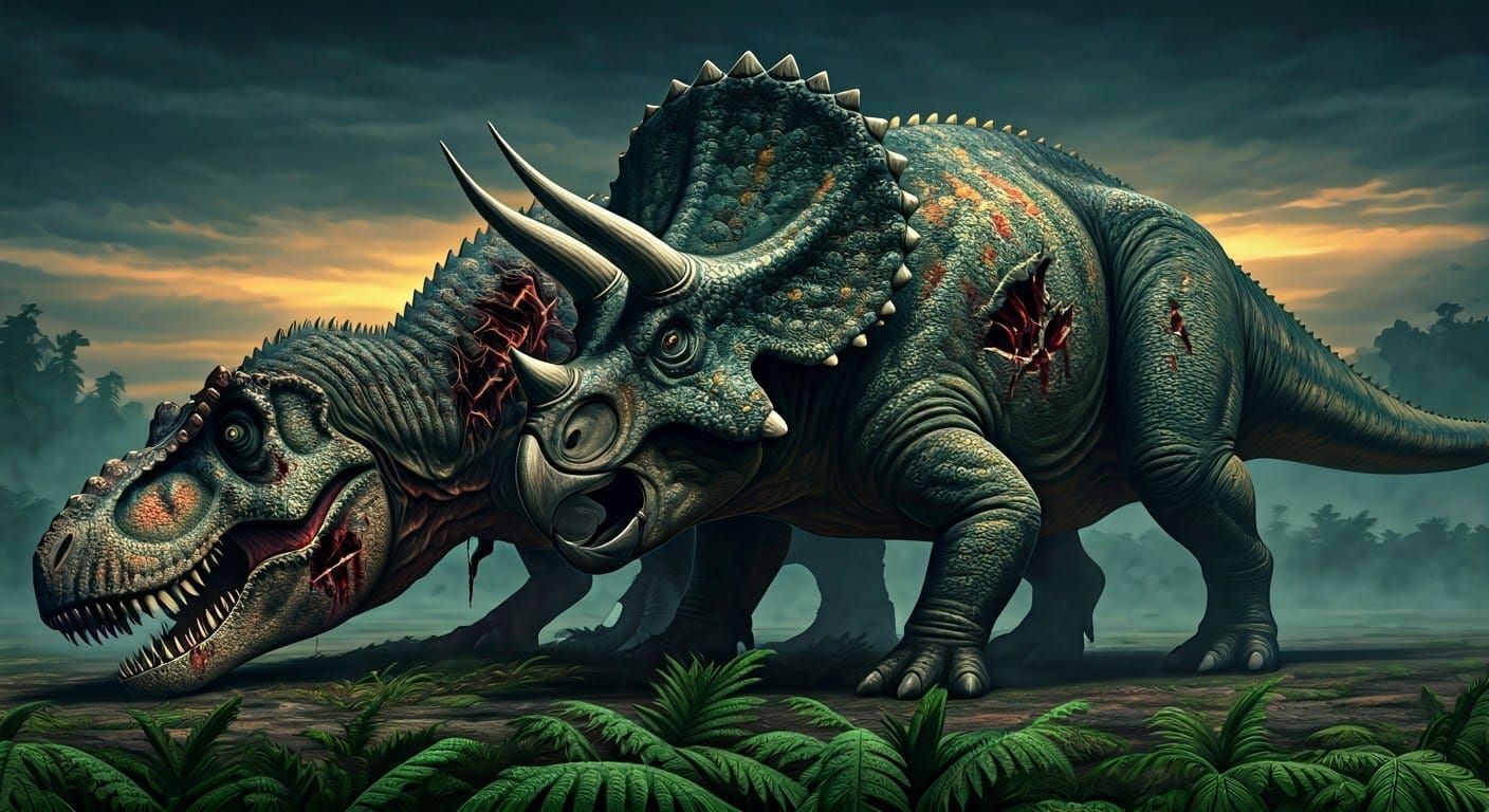 Dominant Triceratops Confronts Injured Tyrannosaurus Rex in...