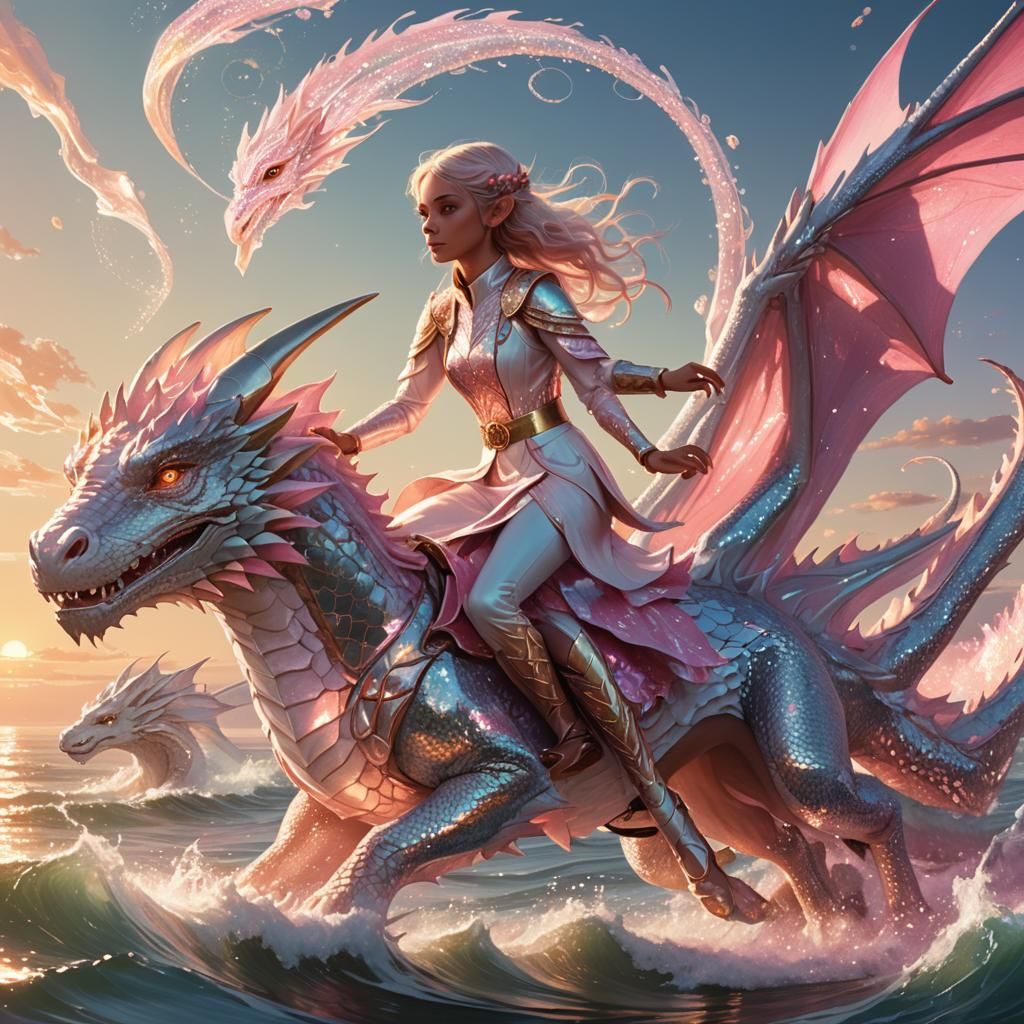 Elf Girl Rides Dragon in Art Nouveau Style