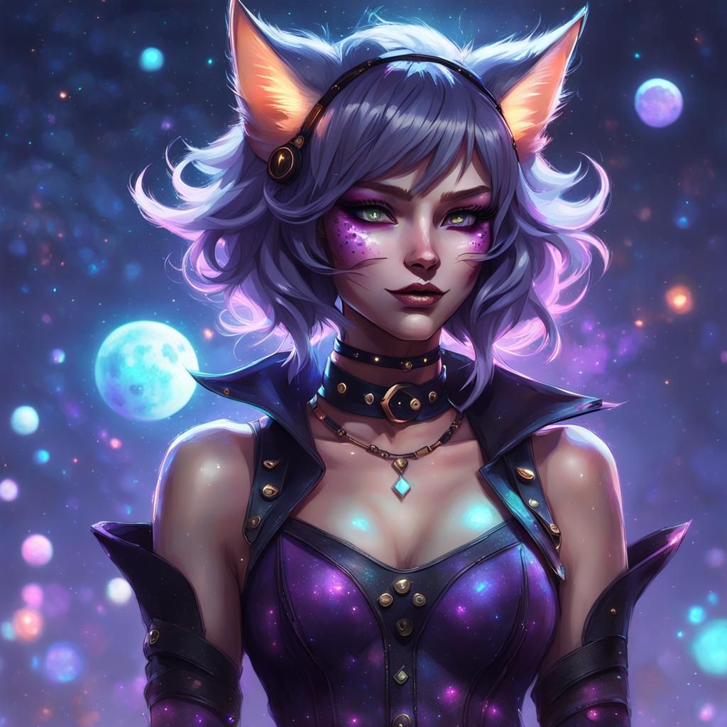 Detailed Catgirl in Jester Leather Amidst Galaxy