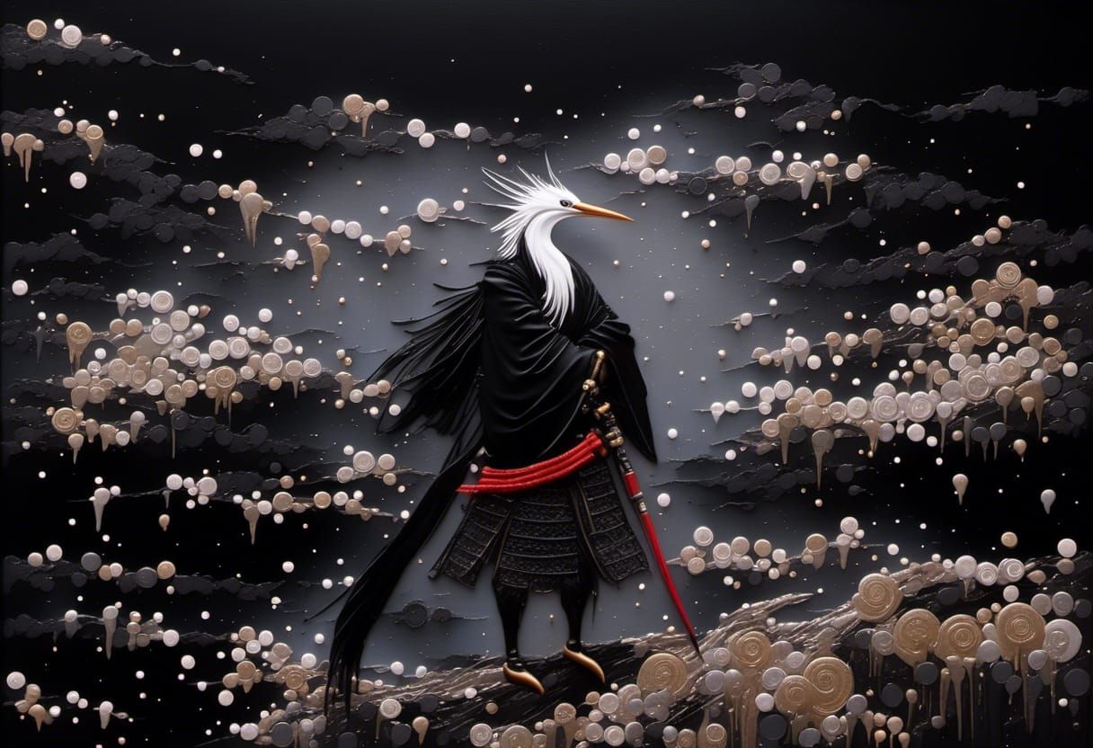 Samurai Heron Portrait in Mixed Media Impasto