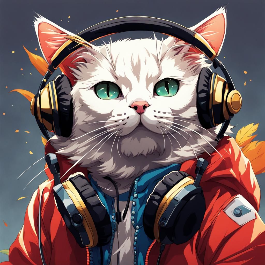 Anime Cat with Headphones, Manga Style