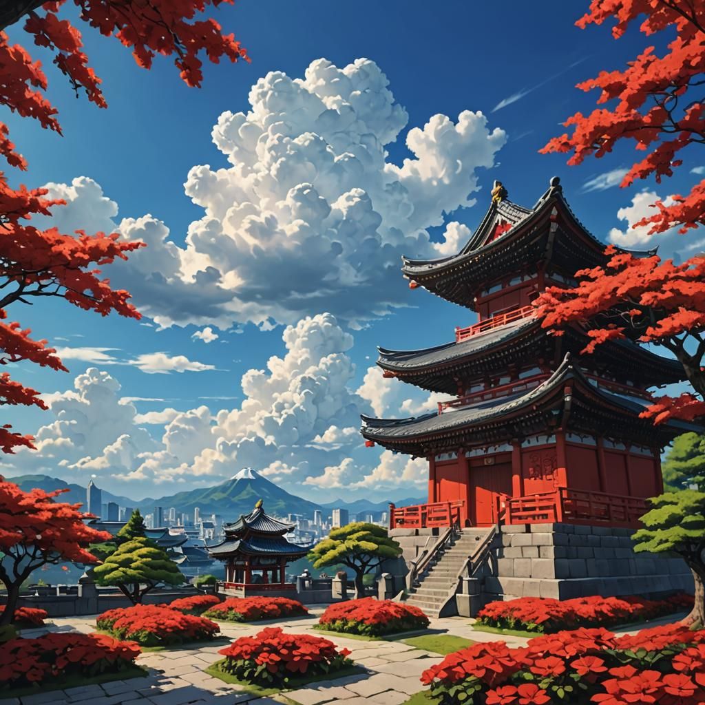 Idyllic Shrine Scene with Red Flower Under Blue Sky