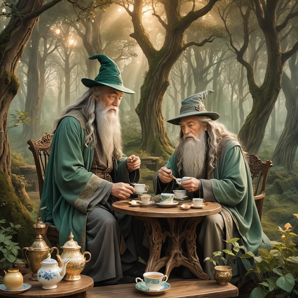 Wizards' Tea Party in Enchanted Forest: Fantasy Illustration