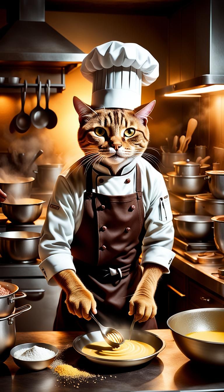 Hyperrealistic Cat Chef Baking a Cake in Kitchen