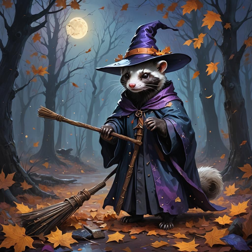 Ferret Witch in Moonlit Forest, Dark Fantasy Art
