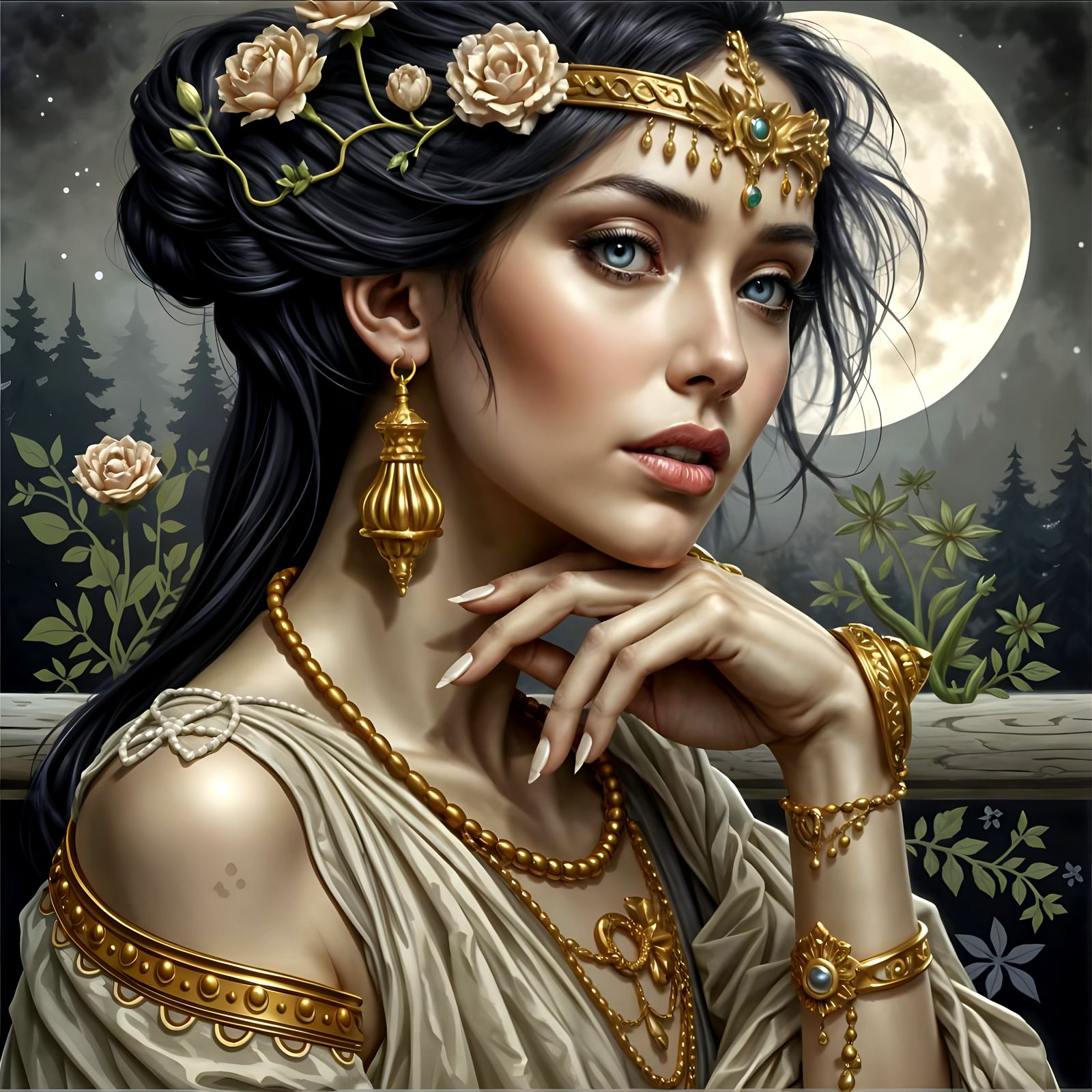 Elegant Woman Smiles with Blue Eyes, Long Lashes, Golden Ski...