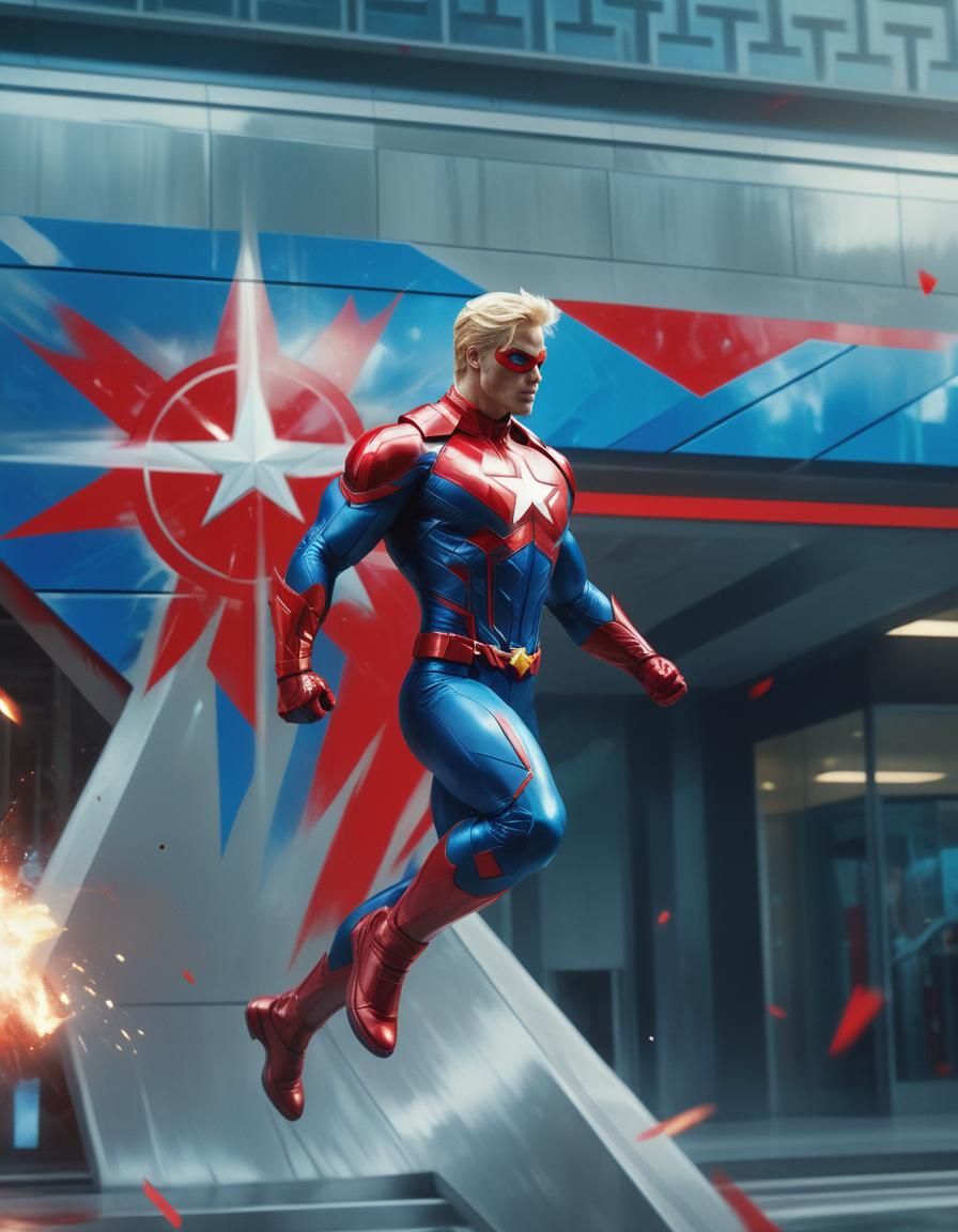 Superhero Ascending in a Futuristic Cityscape