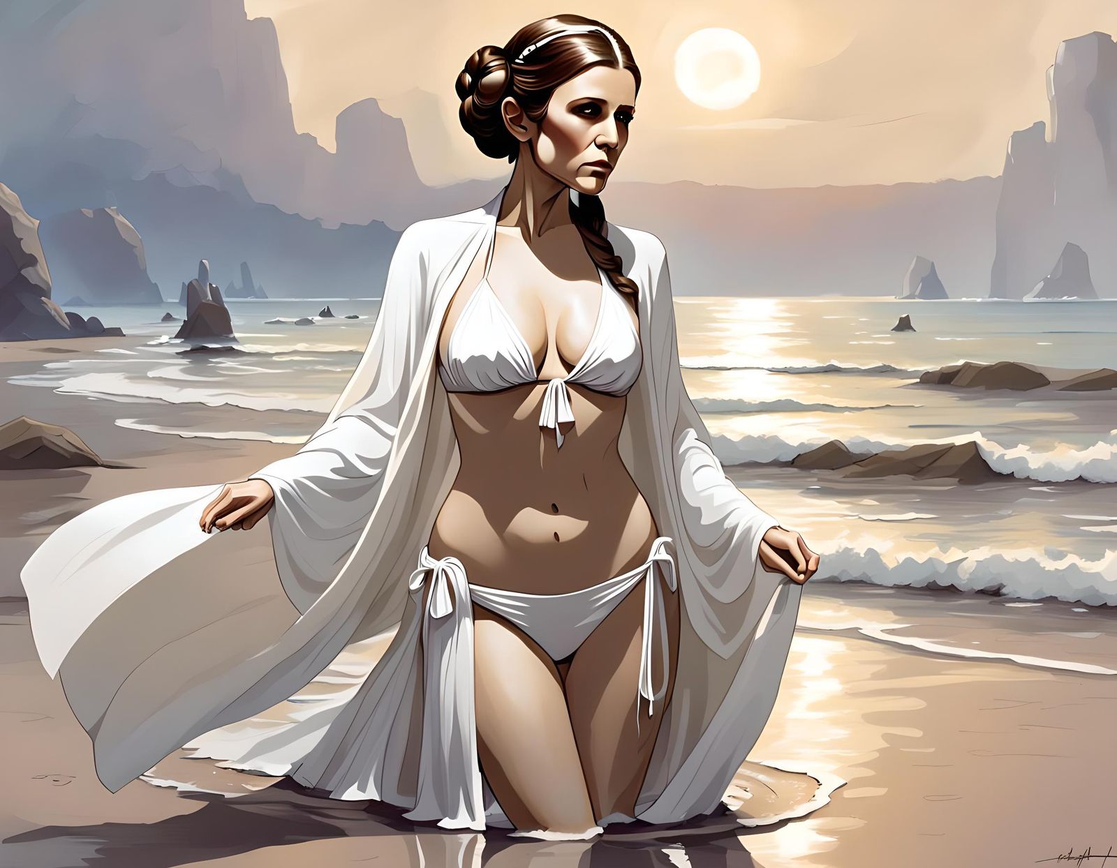 Fantasy Art: Woman in White Bikini on Beach