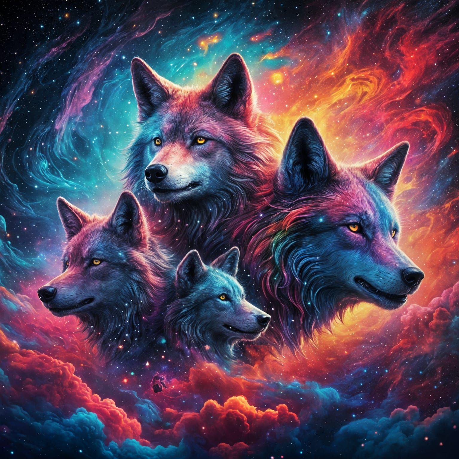 Galaxy Wolves in Neon Graffiti Art Style