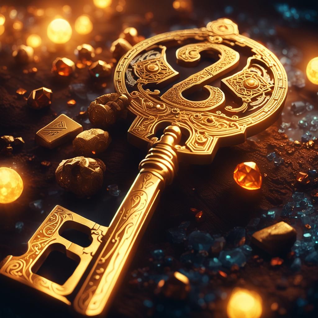 Glowing Golden Key with Runes and Jewels