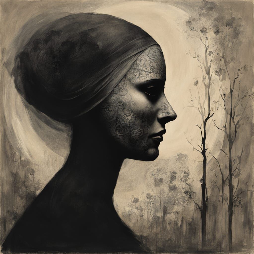 Haunting, Symbolist-inspired portrait of a mysterious, maske...