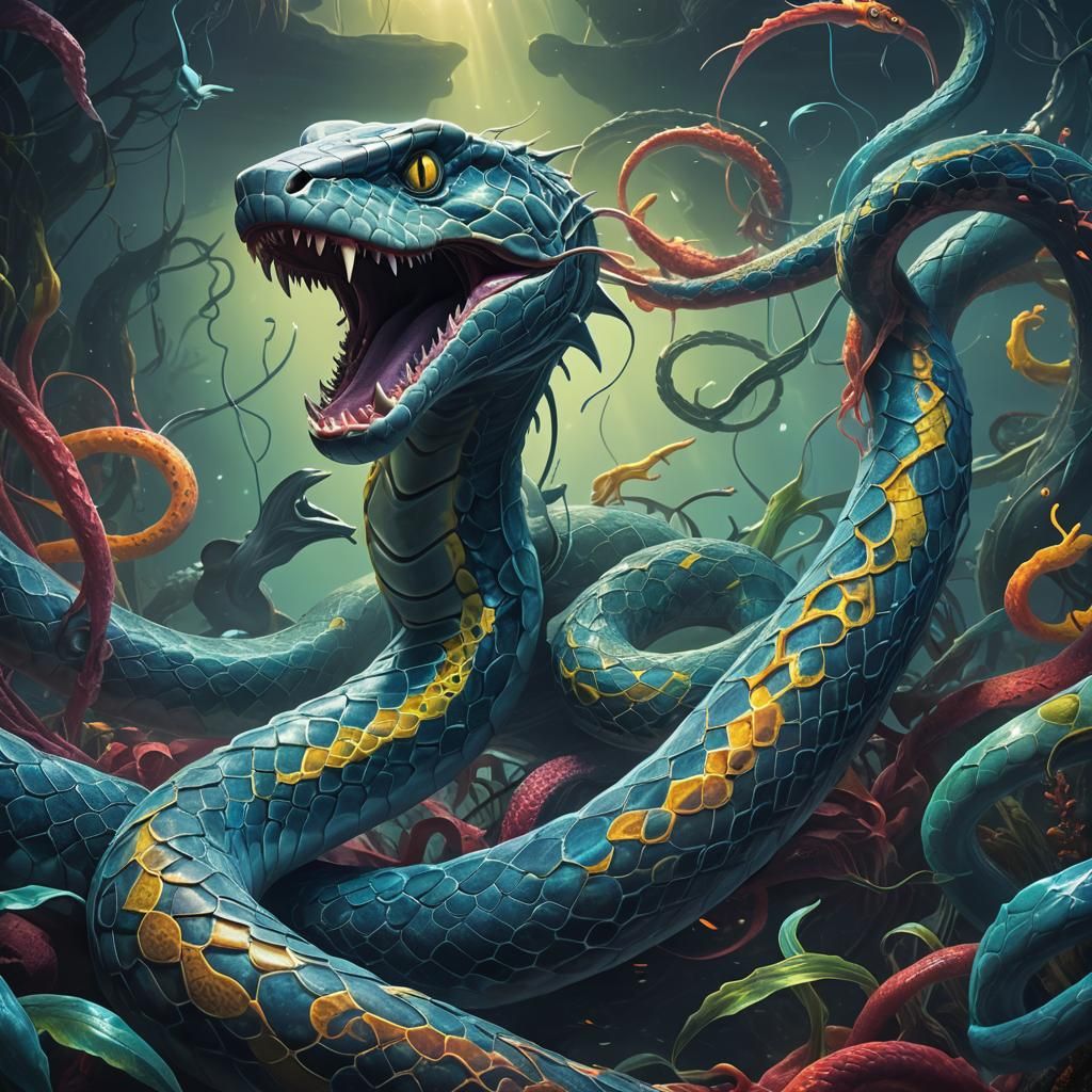 Eerie Snake-Shark Hybrid Coiled in Misty Abyss