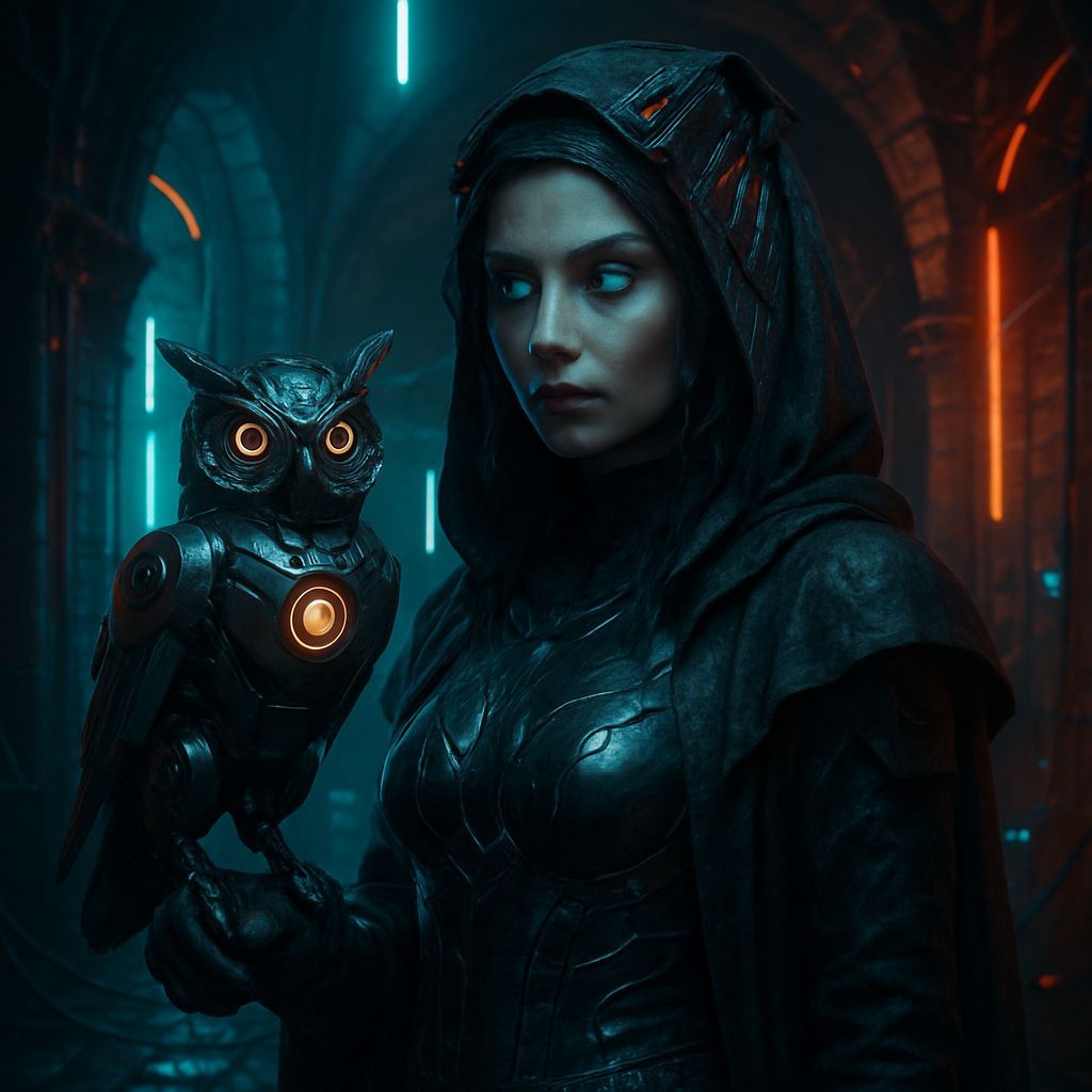 Cyberpunk Sorceress with Android Owl Portrait