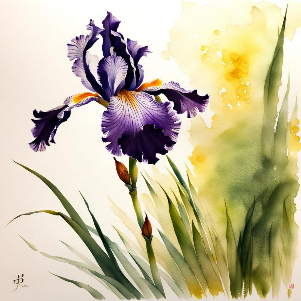 Bearded Iris with Dew, Sumi-e Ink Wash