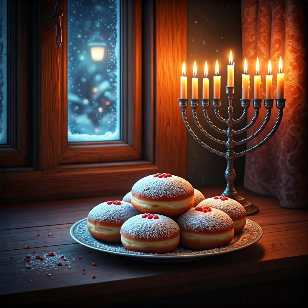 Festive Hanukkah Scene with Menorah and Sufganiyot