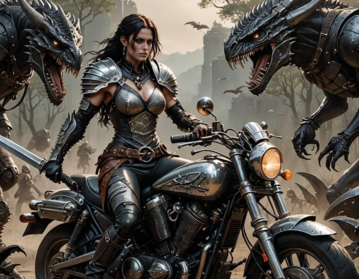 Barbarian Woman Rides Chrome Harley Through Xenomorph Nest
