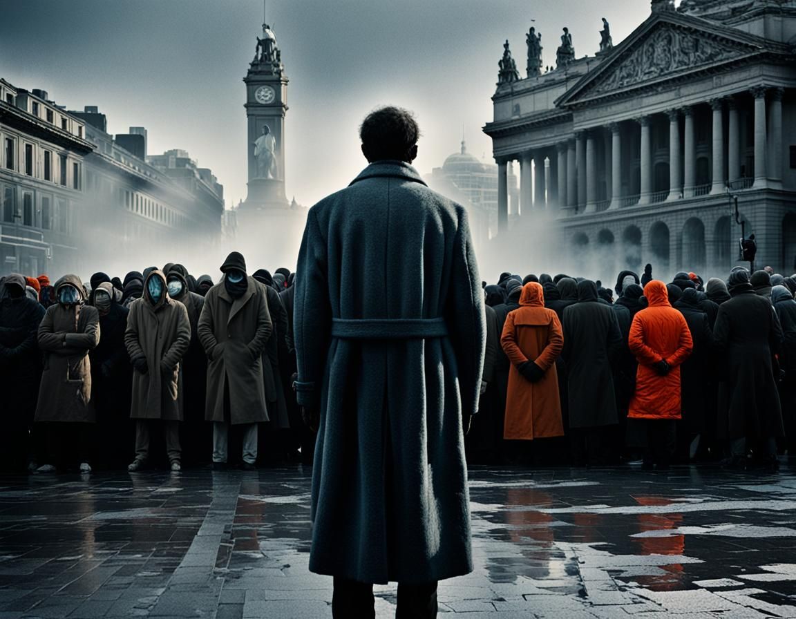 Lone Figure in City Square: Social Realism