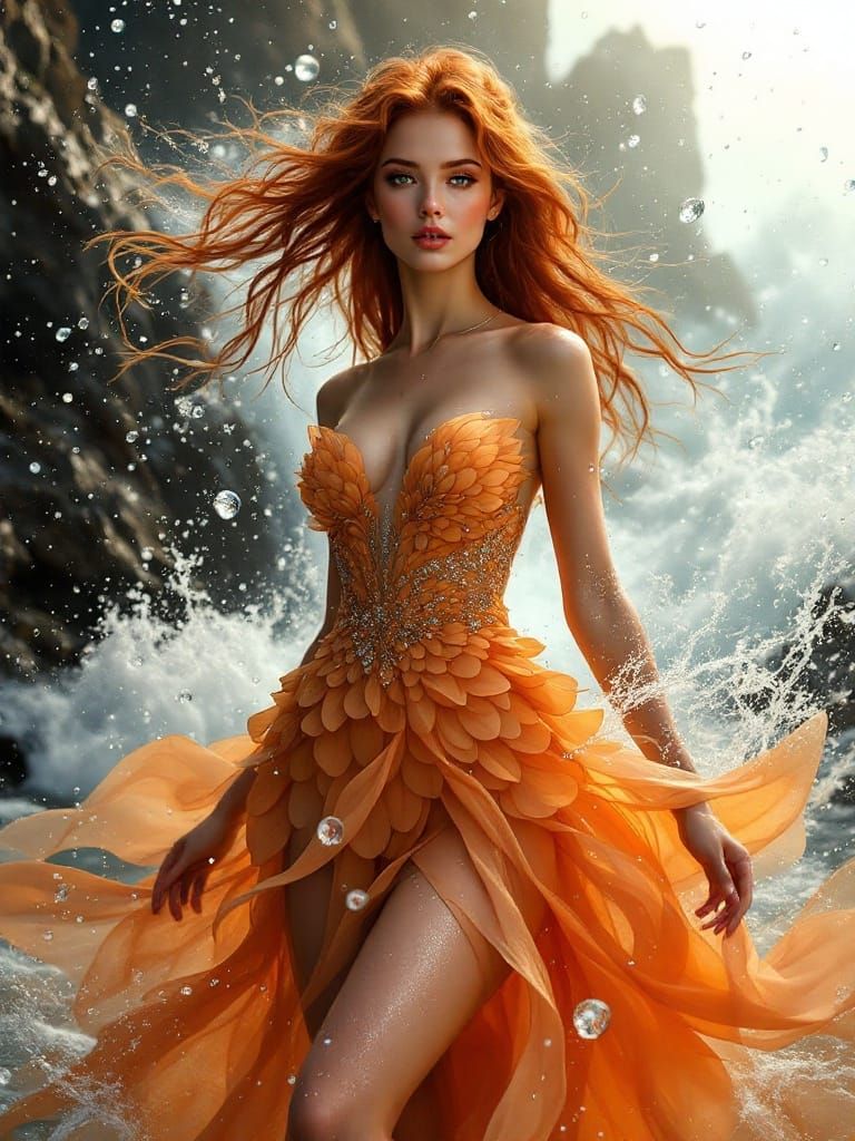 Radiant Woman on Rocky Coastline in Painterly Style