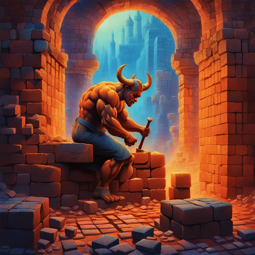 Minotaur Bricklayer in a Beksiński-Inspired Fantasy Scene