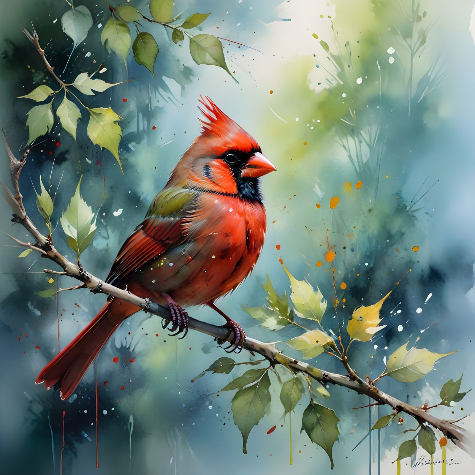 Vibrant Red Cardinal on Lush Branch in Watercolour Style