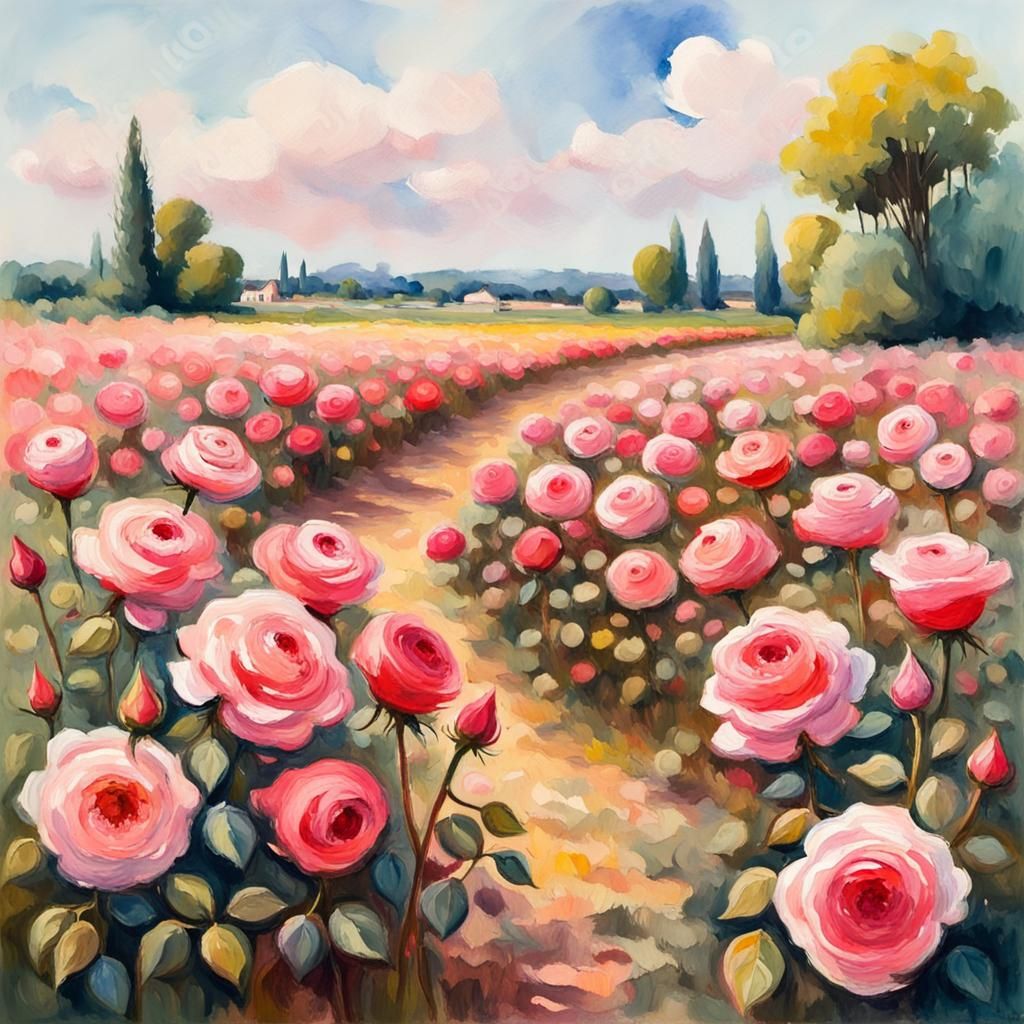 Rose Field in Gouache Impressionist Style