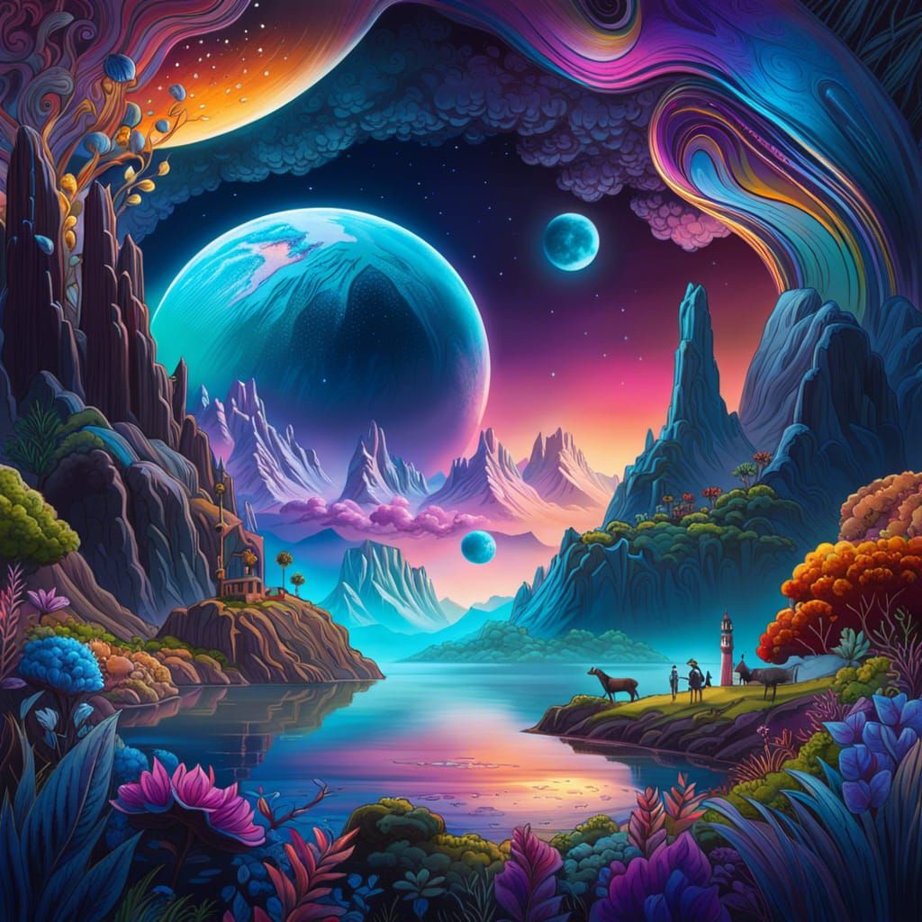 Dreamlike Ghost Ship with Rainbow Moon and Bizarre Creatures