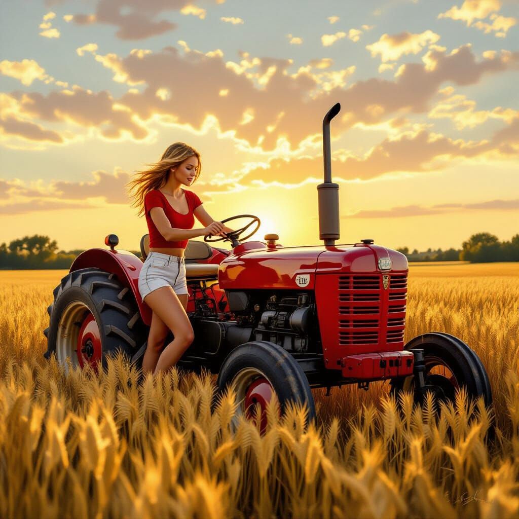 Woman Plowing Field in Rustic Realist Style