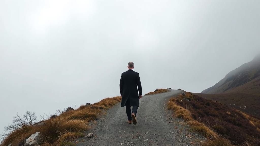 Surreal Wanderer on a Foggy Mountain Path