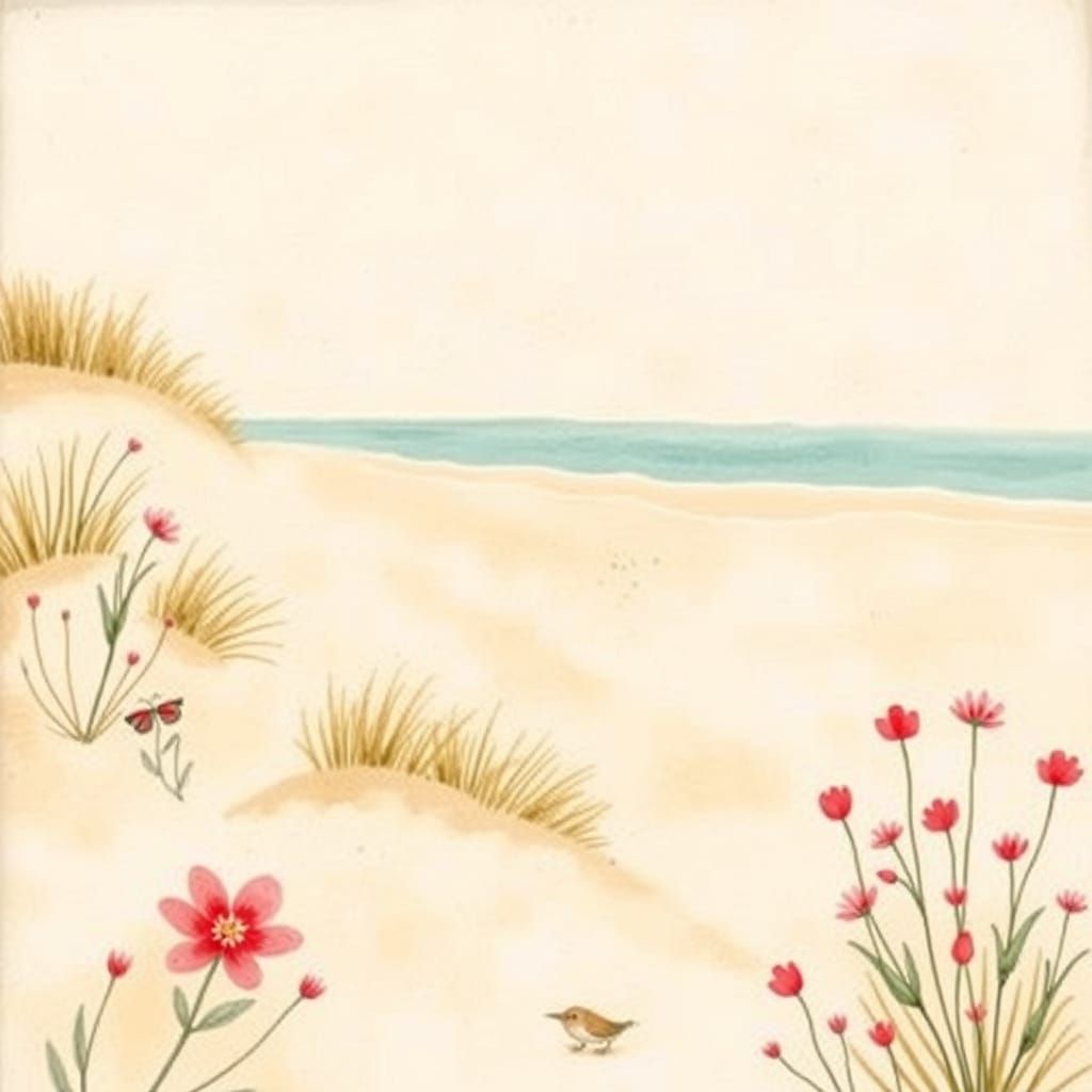 Whimsical Beach with Red Ribbon Flowers in Watercolour Style
