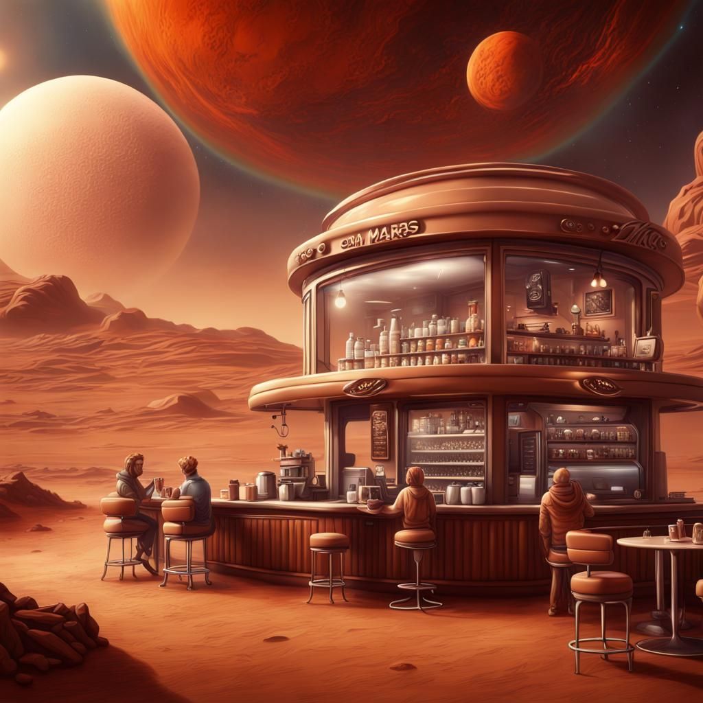 Surreal Coffee Shop on Mars: 8K Concept Art