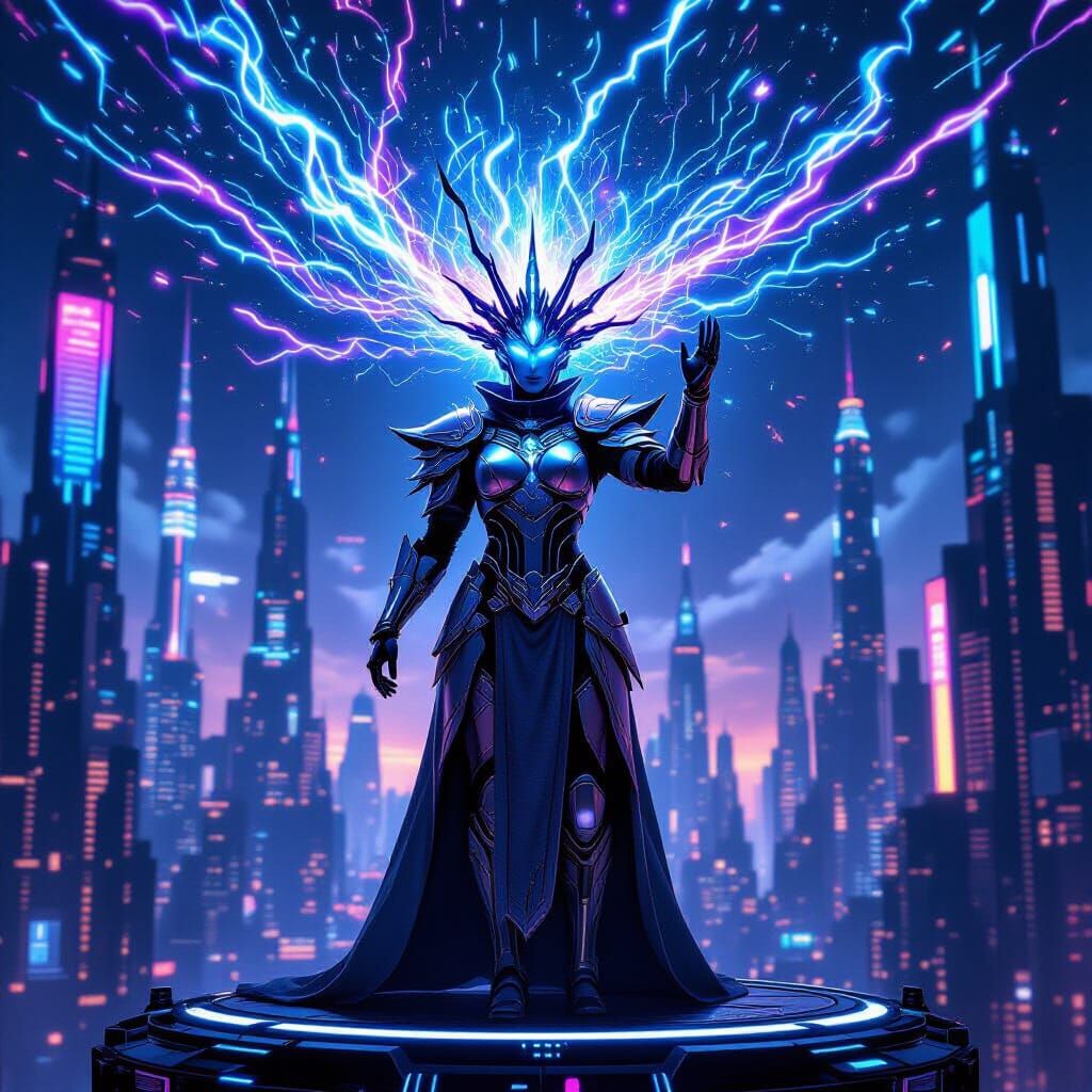 Sci-Fi Ruler in Neon City with Energy Crown