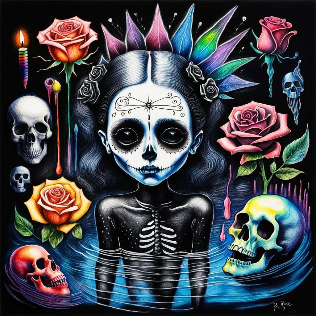 Gothic Woman in Pain: Surreal Crayon Drawing