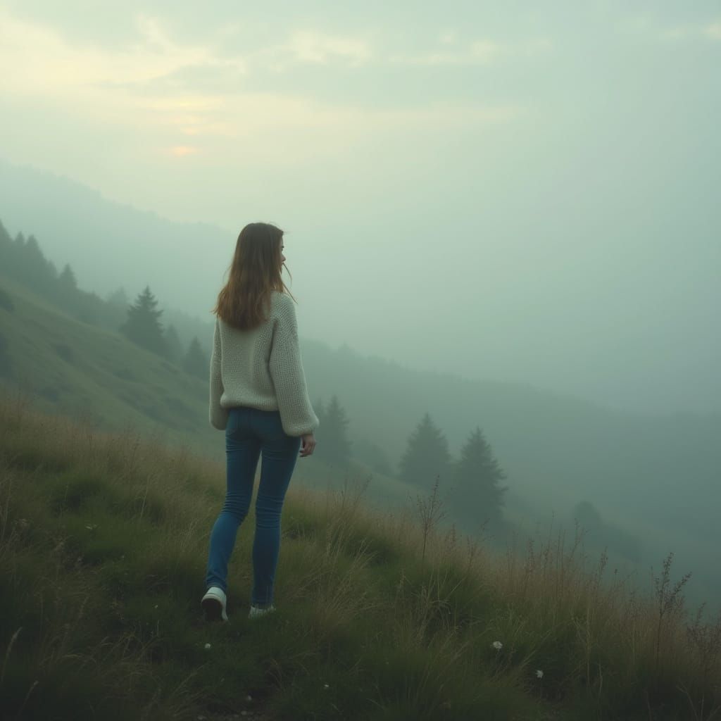 Misty Hillside Portrait in Romantic Landscape Style