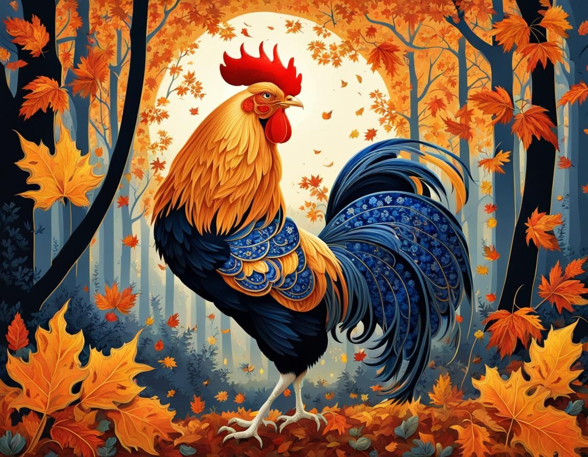 Magical Rooster in Autumn Forest: Russian Folk Art