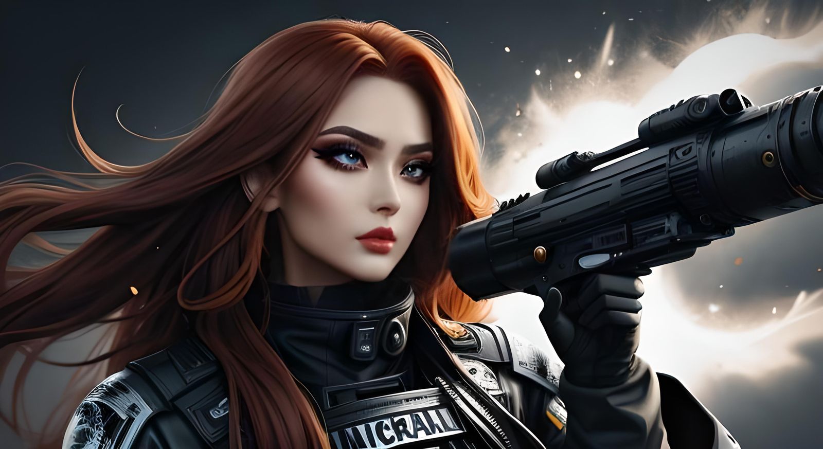 Auburn Haired Woman in Tactical Metallic Clothing