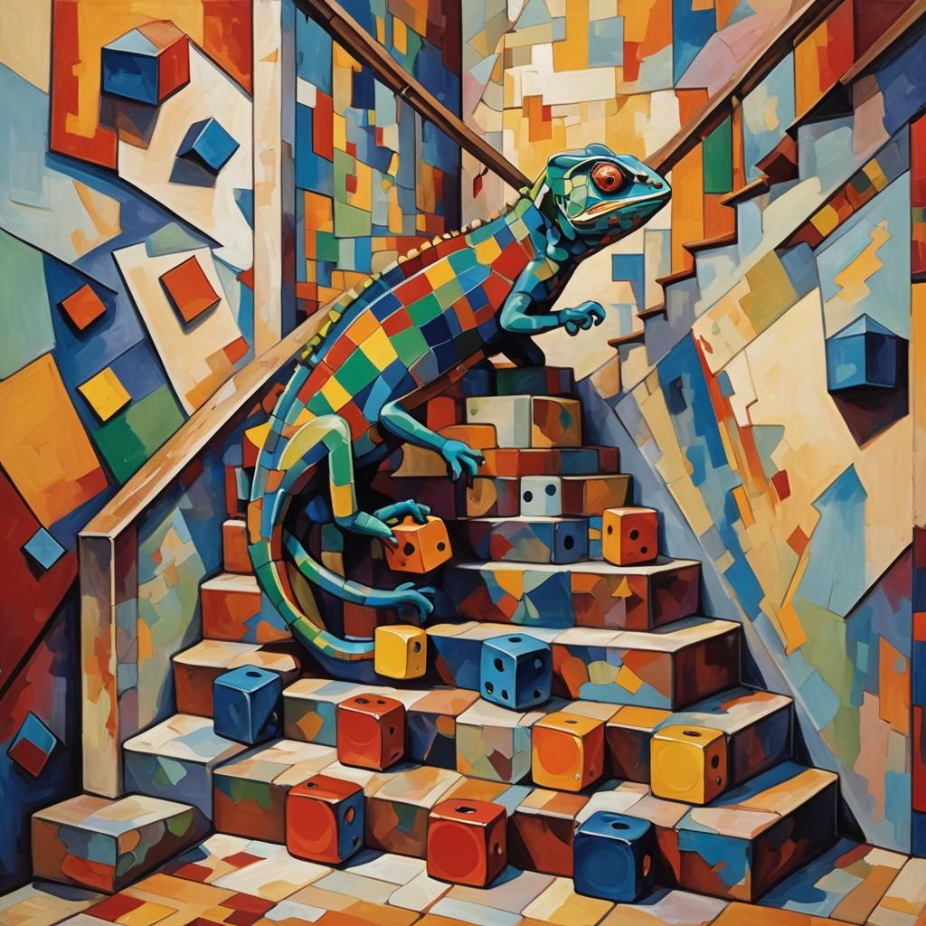 Dice and Chameleon in Cubist Geometric Fauvism