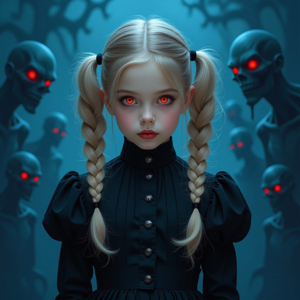 Gothic Girl Portrait with Eerie Creatures