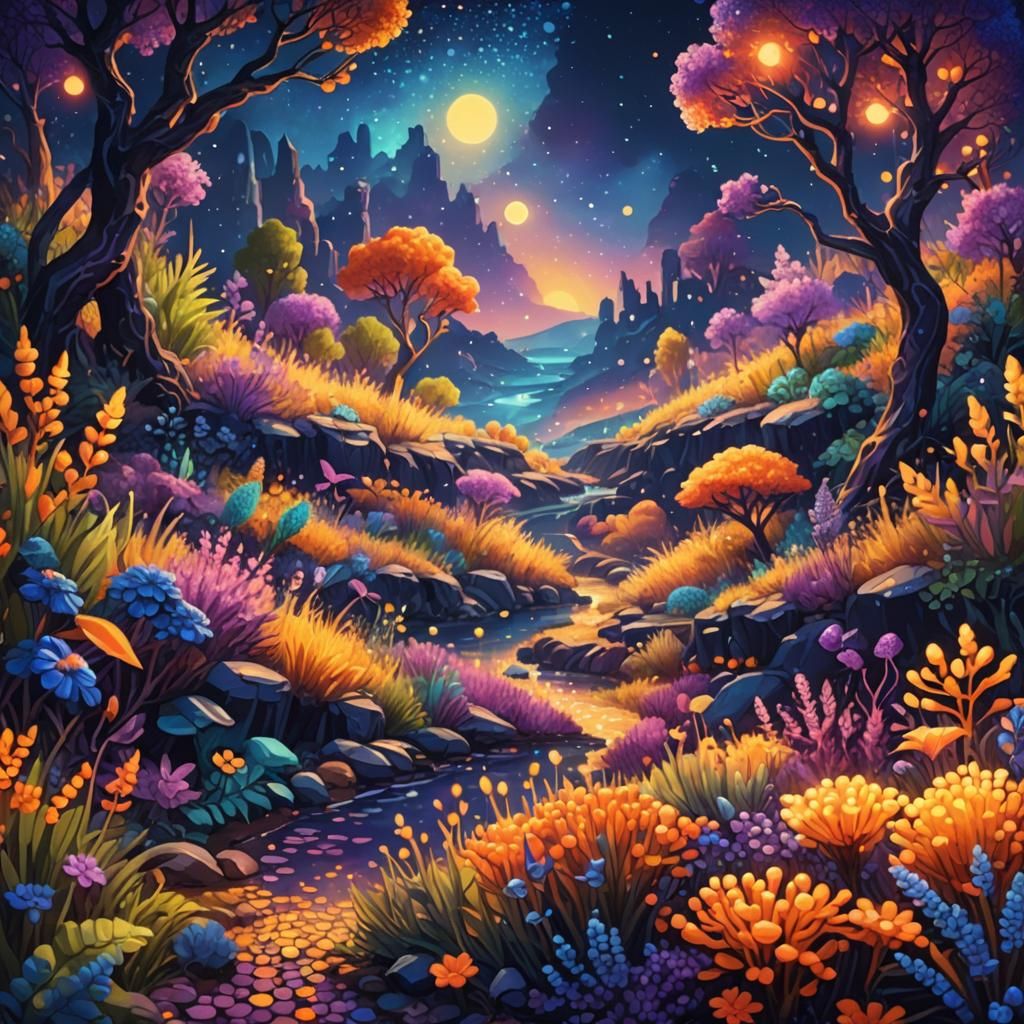Pointillist Fantasy Landscape with Magical Creatures