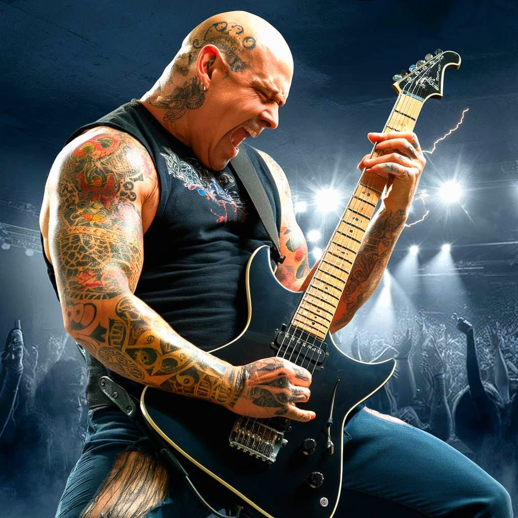 Rock Guitarist with Tattoos Playing Electric Guitar