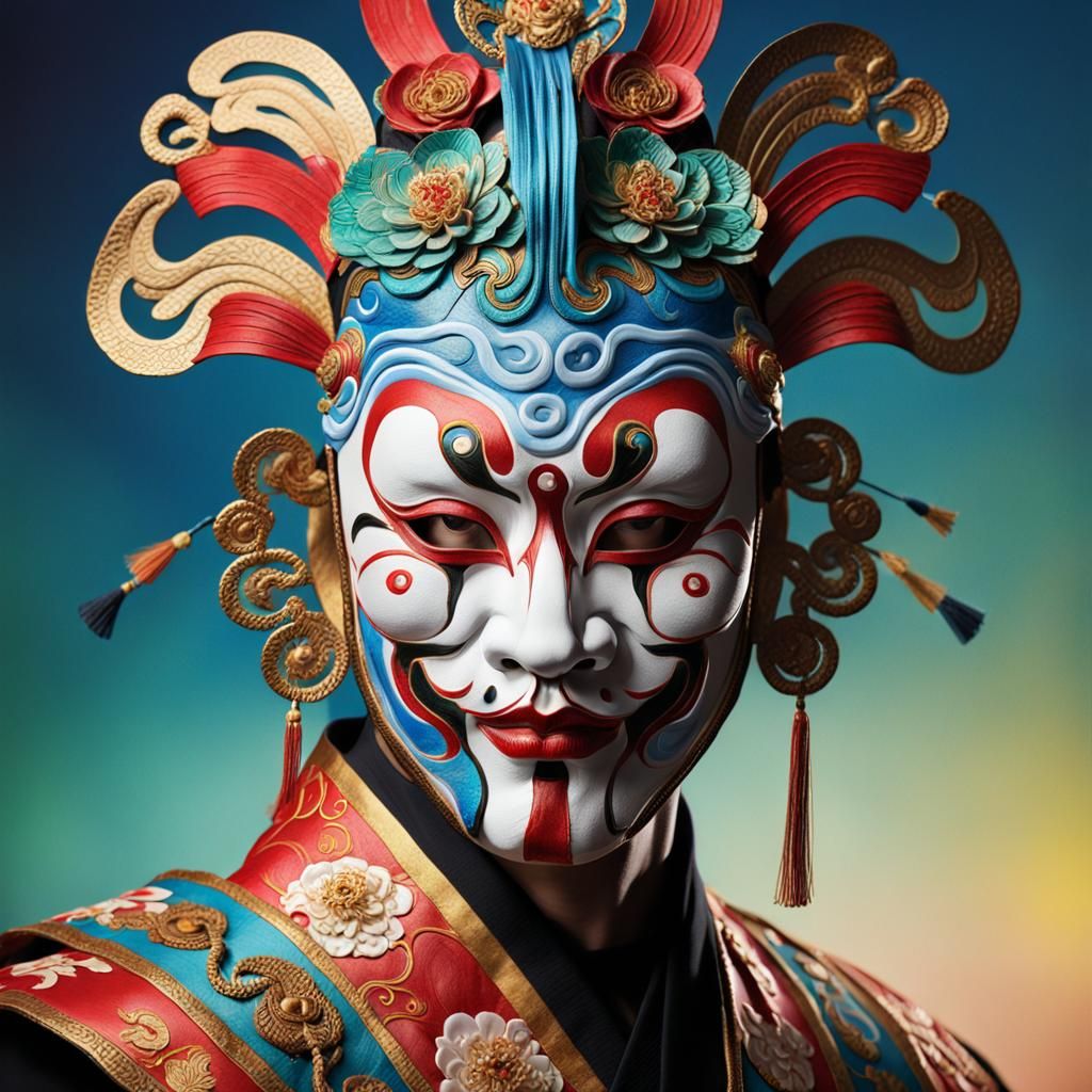 Ornate Kabuki Mask Dancer in Hyperrealistic Splash Art