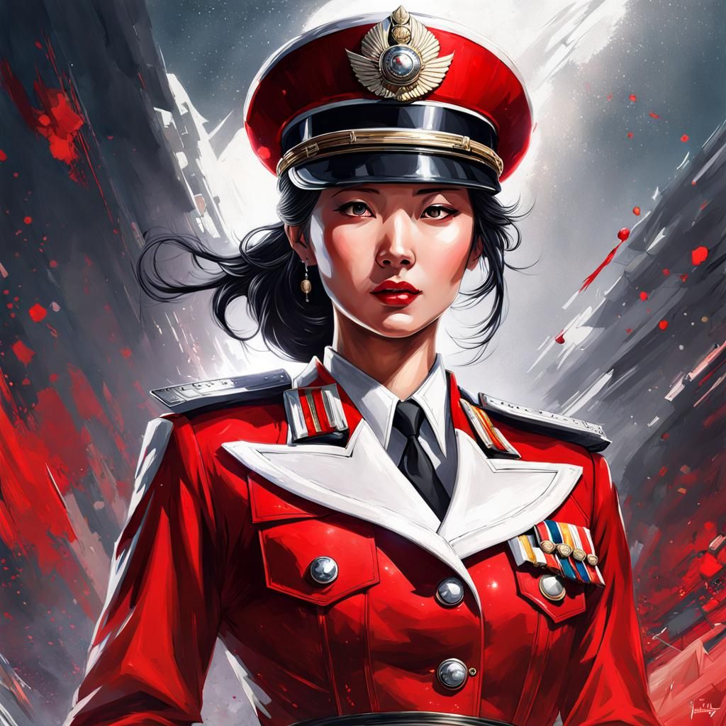 Beautiful Asian Woman in 1930s Soldier Uniform