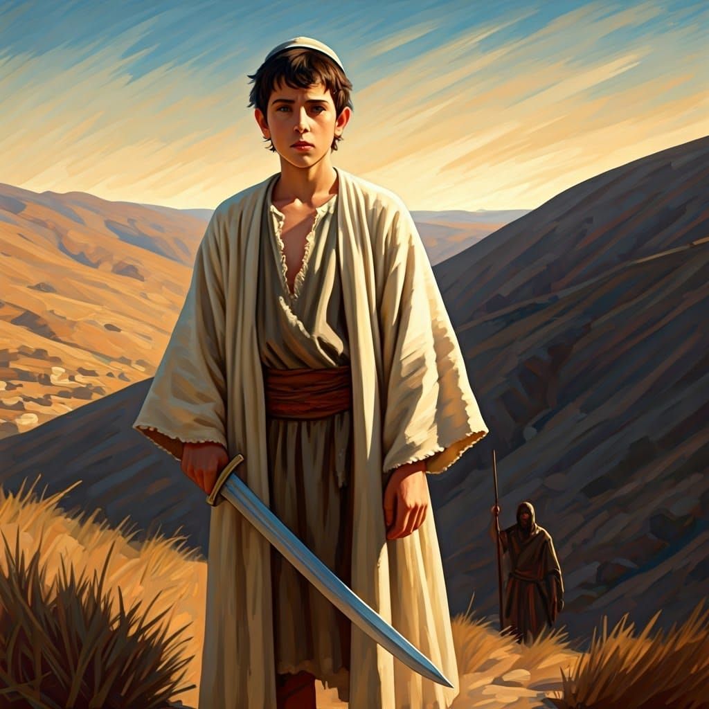 Young Hebrew Shepherd Confronts Philistine Warrior in Ancien...