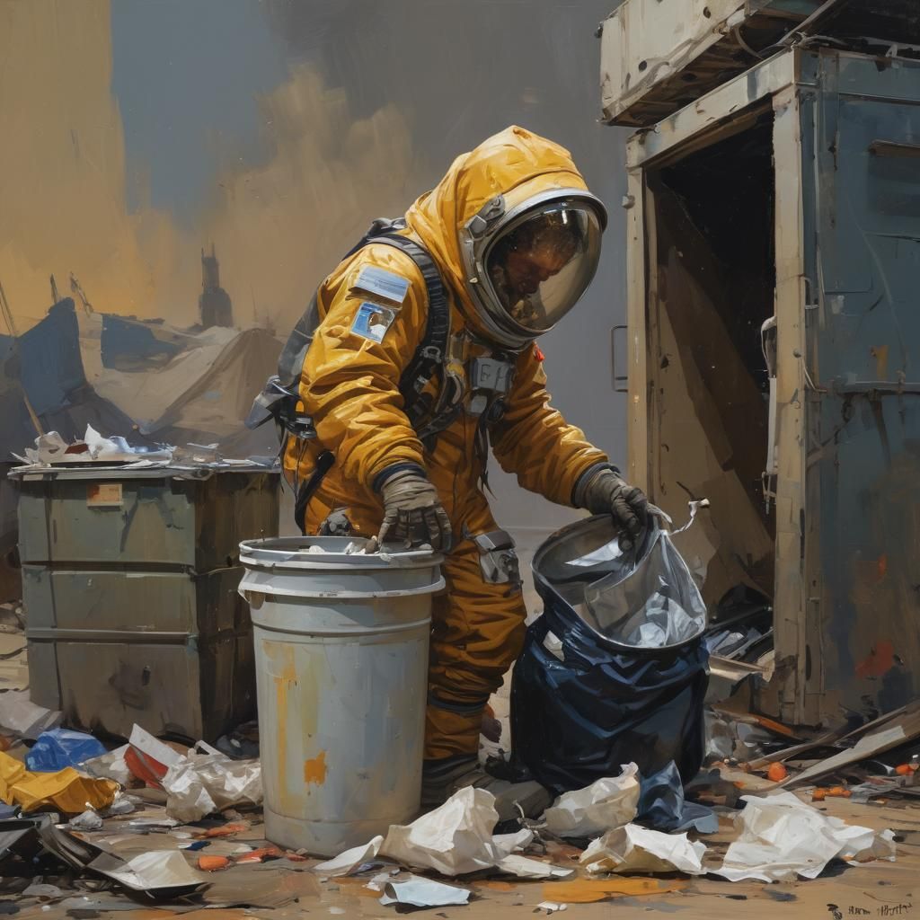 A Beggar in Tattered Spacesuit Rummages Through Trash in Gou...