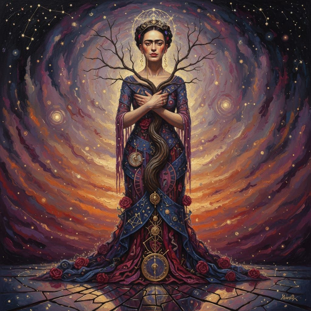 Woman's Sorrowful Stance Under Twilight Sky, Surreal Oil Pai...