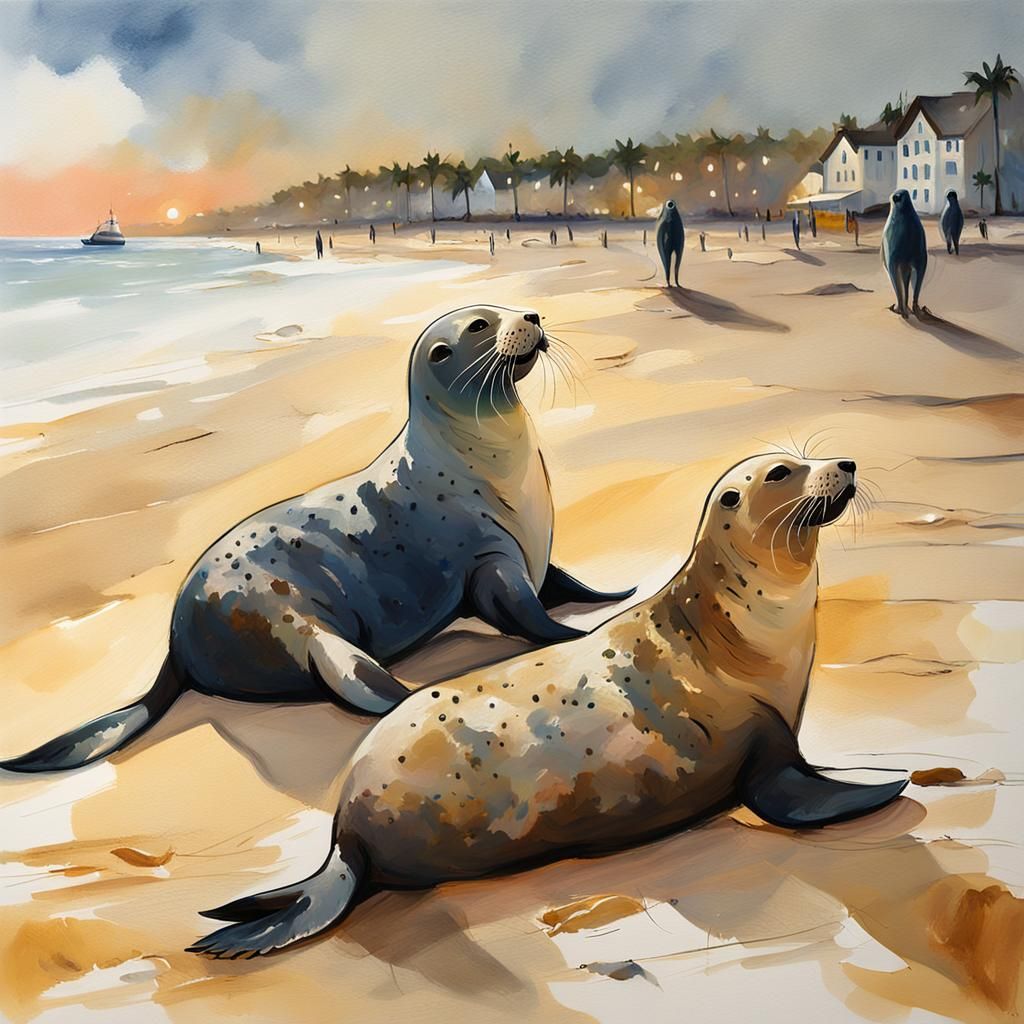 Warm Impressionist Seals Basking in Golden Hour