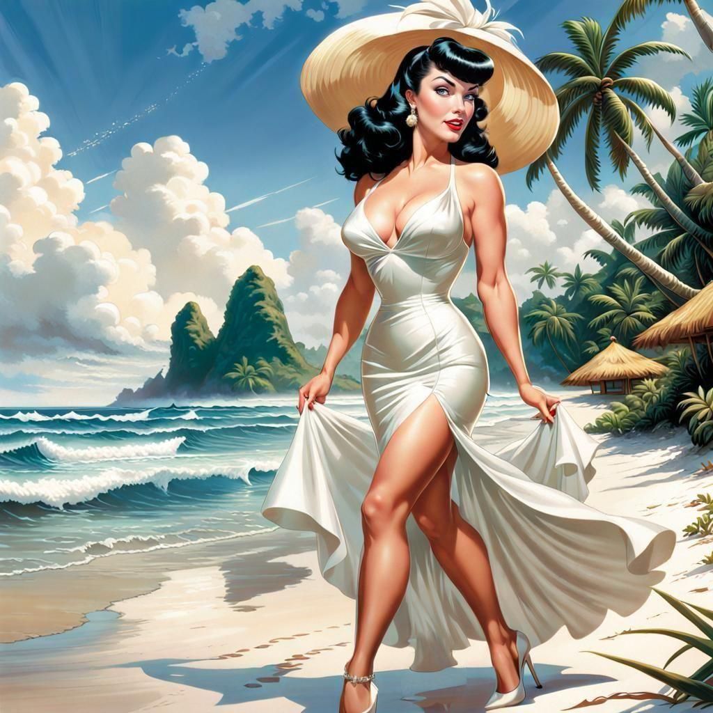 Bettie Page on Tropical Beach in Comic Book Art