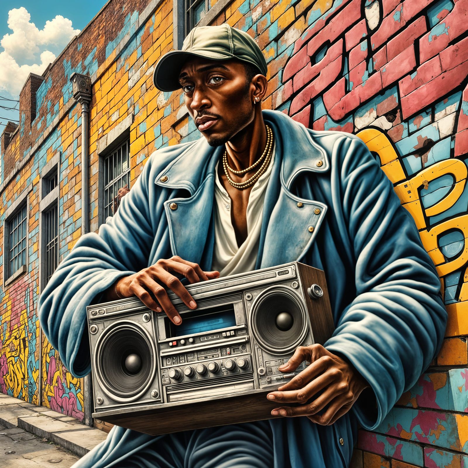 Hip Hop Man with Boombox in Urban Graffiti Scene