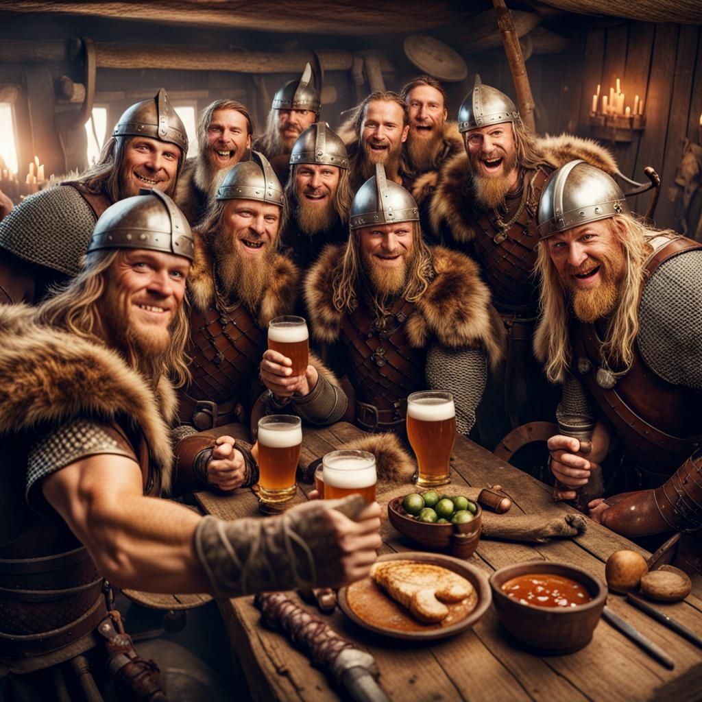Vikings Take a Selfie in Longhouse, Photorealistic
