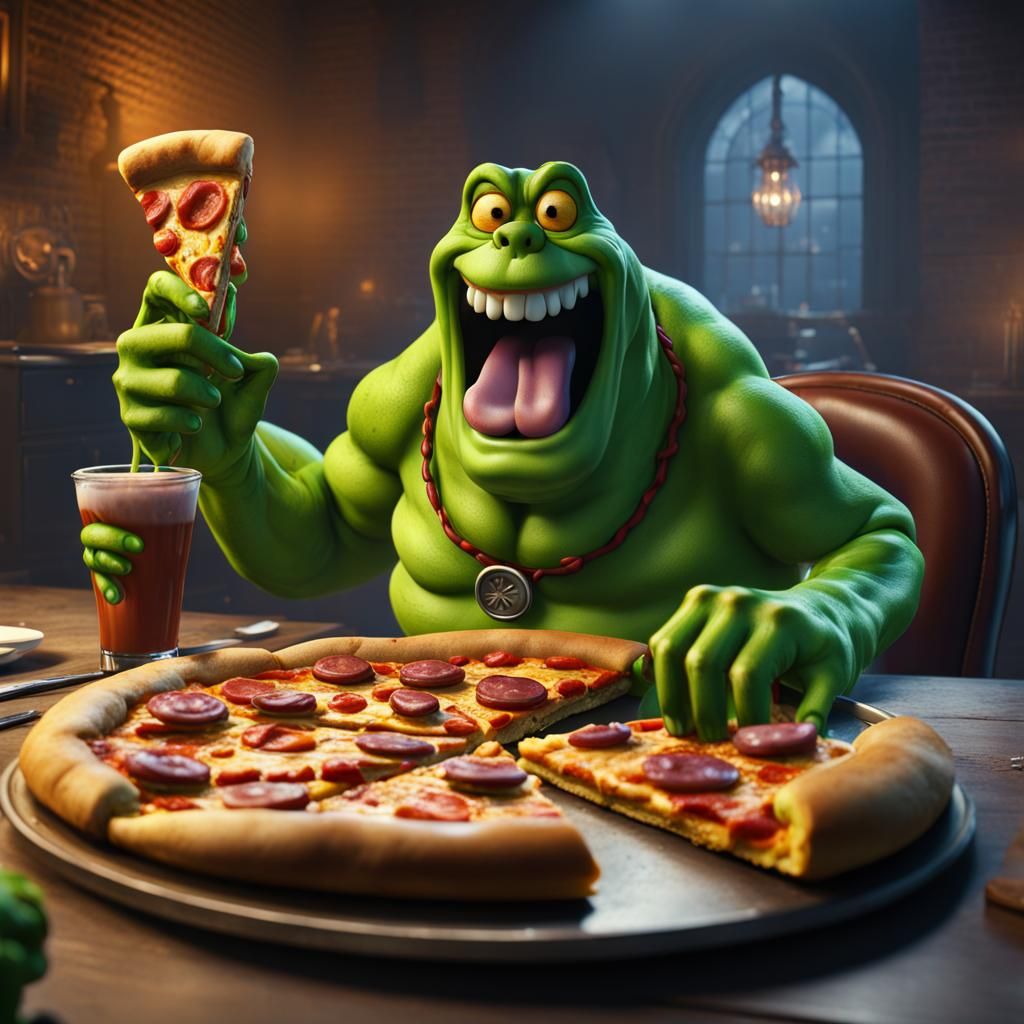 Slimer and Scooby Doo Enjoying Pizza